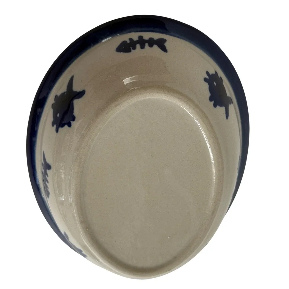 Boots & Barkley Hand Painted Stoneware Cat Food Bowl Blue Fish Oval 6.5